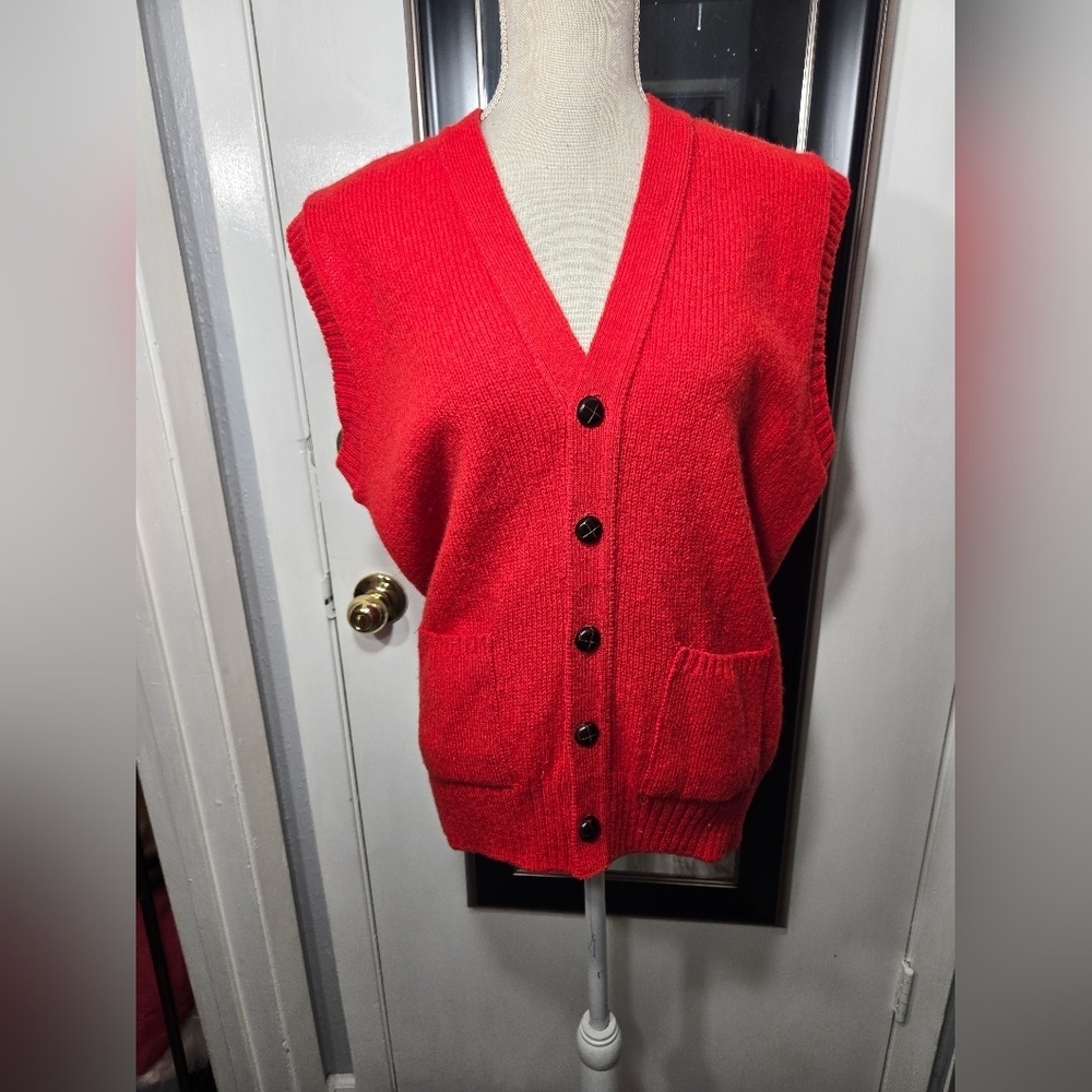 Vintage The Moors Lord Jeff Men’s L Shetland WOOL Red Sweater Vest Button Up - Picture 2 of 13